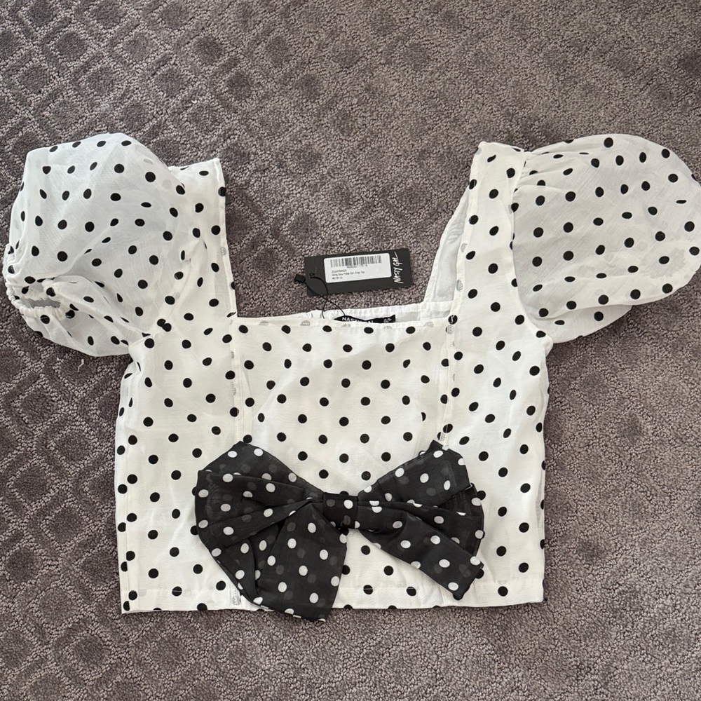 Polka Dot Puff Sleeve Bow Crop Top